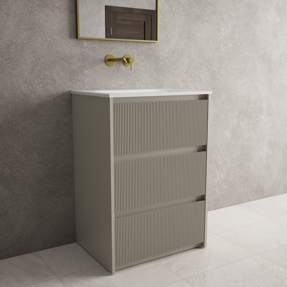 Scanalato Three Drawer Floor Standing Vanity Unit With Beyondstone Basin - Soft Taupe 600mm
