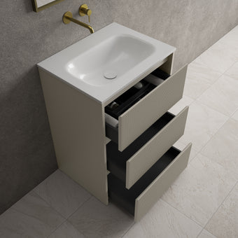 Scanalato Three Drawer Floor Standing Vanity Unit With Beyondstone Basin - Soft Taupe 600mm