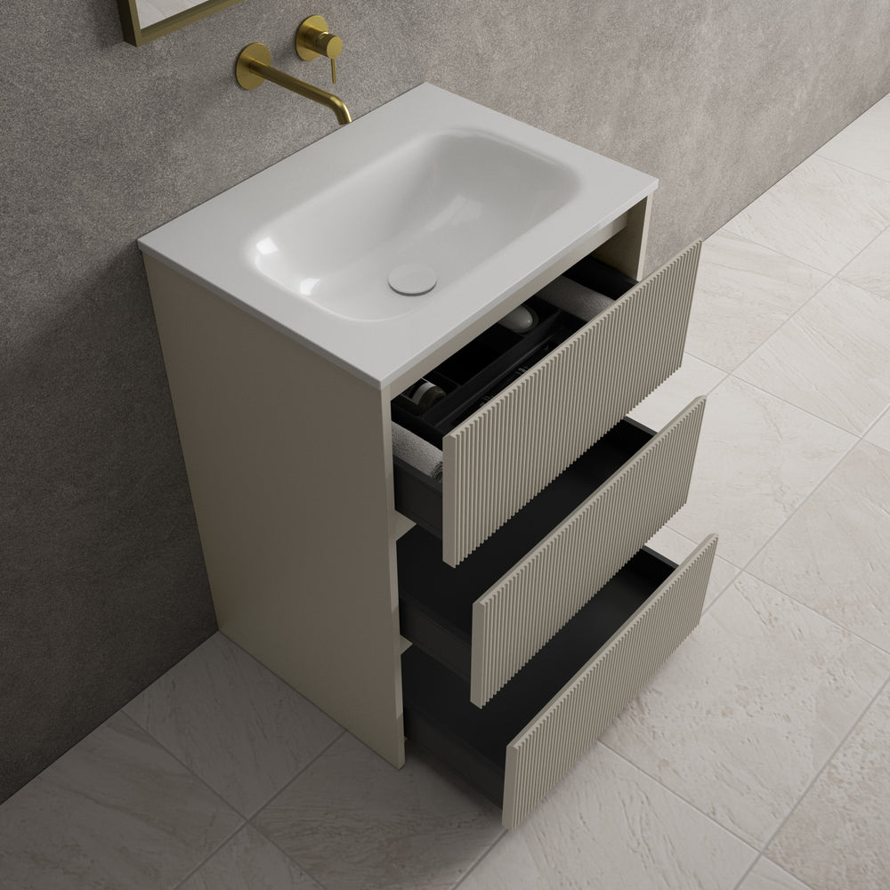 Scanalato Three Drawer Floor Standing Vanity Unit With Beyondstone Basin - Soft Taupe 600mm