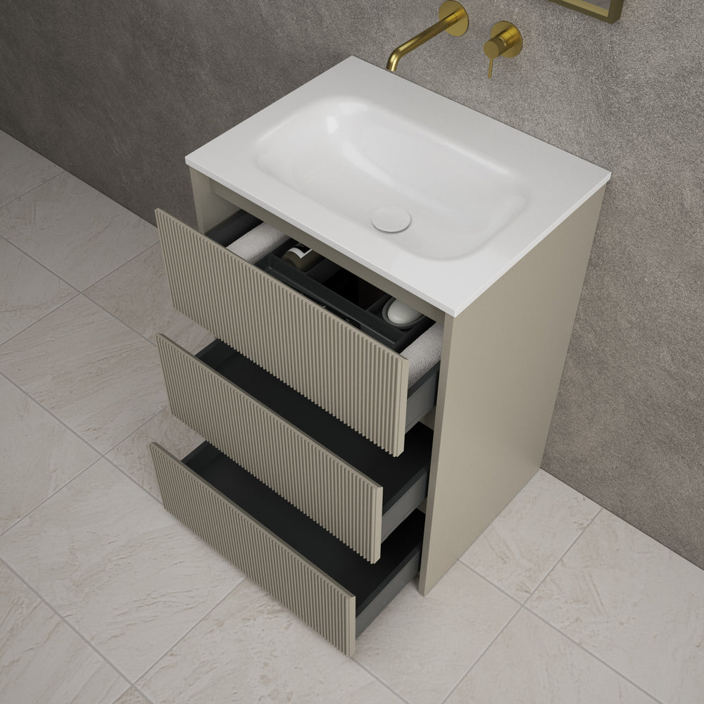 Scanalato Three Drawer Floor Standing Vanity Unit With Beyondstone Basin - Soft Taupe 600mm