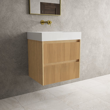 Scanalato Double Drawer Vanity Unit  With Beyondstone BLOC Basin - Oak 600mm
