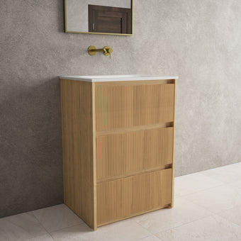 Scanalato Three Drawer Floor Standing Vanity Unit With Beyondstone Basin - Oak 600mm