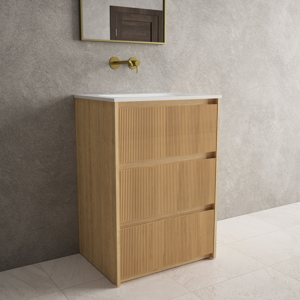 Scanalato Three Drawer Floor Standing Vanity Unit With Beyondstone Basin - Oak 600mm