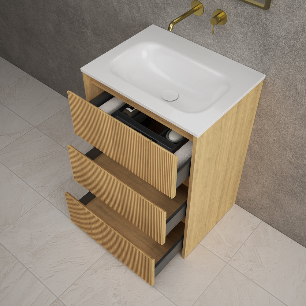 Scanalato Three Drawer Floor Standing Vanity Unit With Beyondstone Basin - Oak 600mm