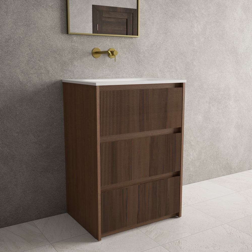 Scanalato Three Drawer Floor Standing Vanity Unit With Beyondstone Basin - Walnut 600mm