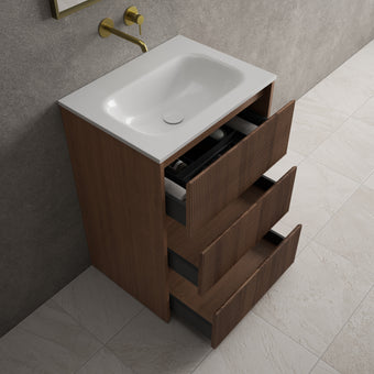 Scanalato Three Drawer Floor Standing Vanity Unit With Beyondstone Basin - Walnut 600mm