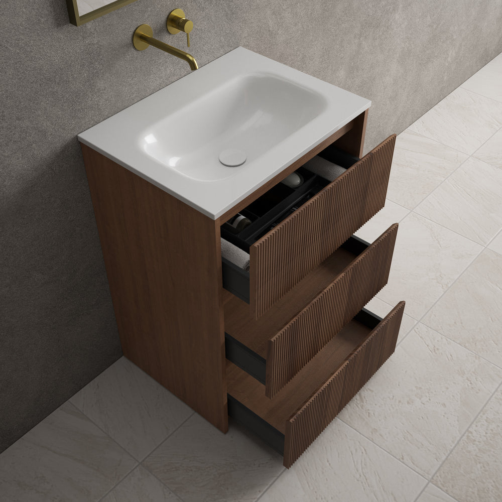 Scanalato Three Drawer Floor Standing Vanity Unit With Beyondstone Basin - Walnut 600mm
