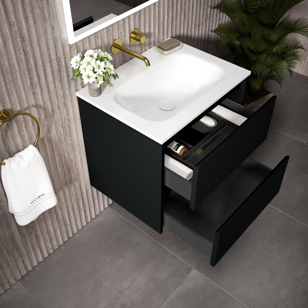 Scanalato Double Drawer Vanity Unit  With Beyondstone Basin - Pure Black 600mm