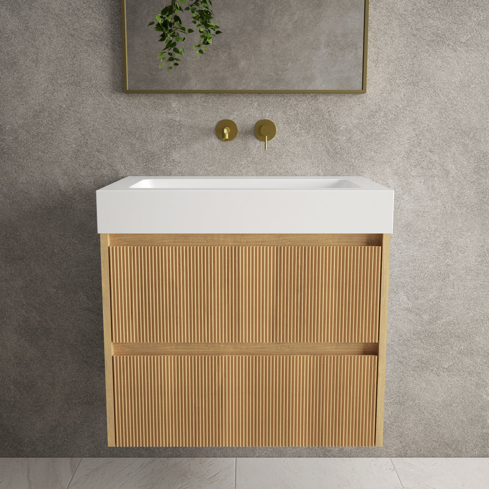 Scanalato Double Drawer Vanity Unit  With Beyondstone BLOC Basin - Oak 700mm