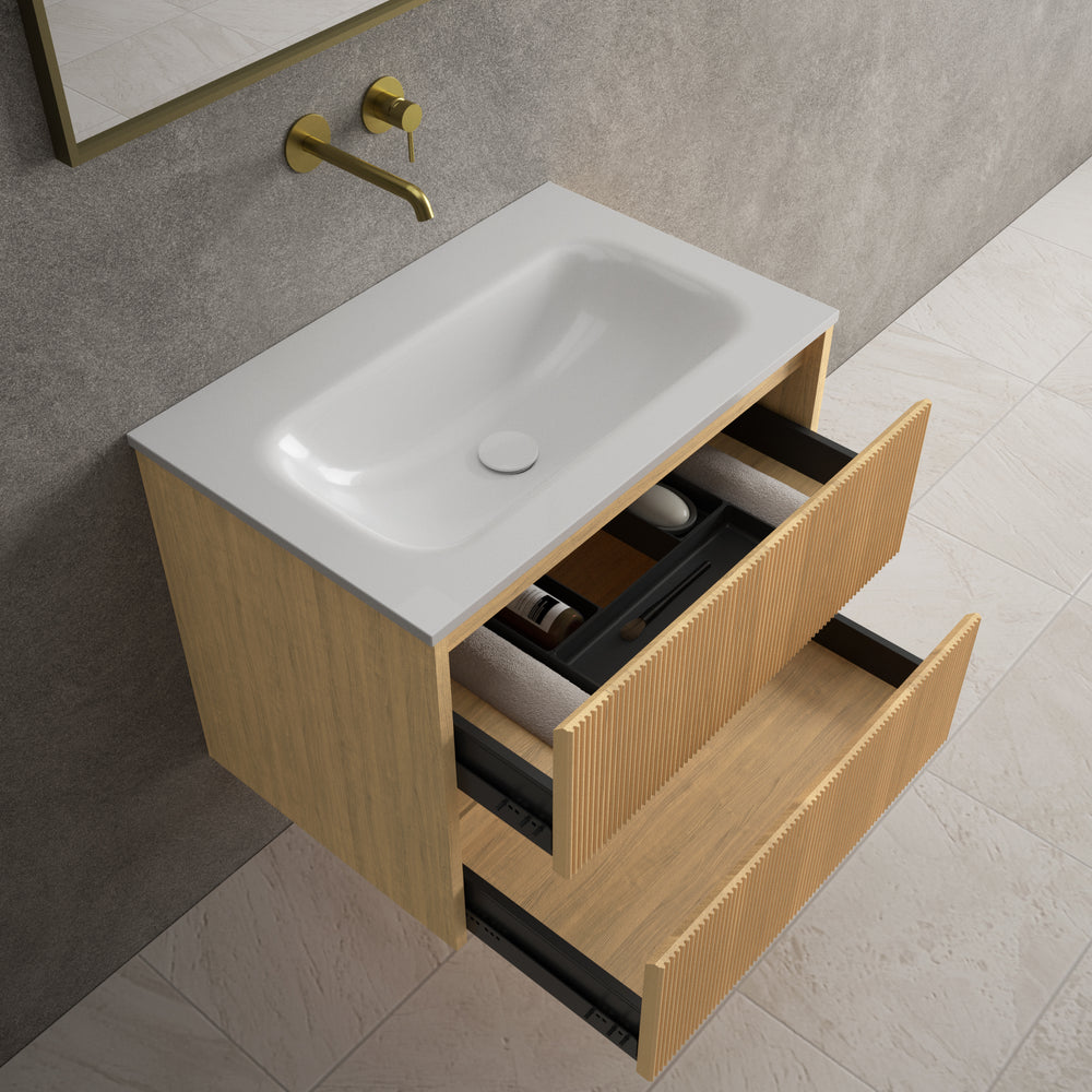 Scanalato Double Drawer Vanity Unit  With Beyondstone Basin - Oak 700mm