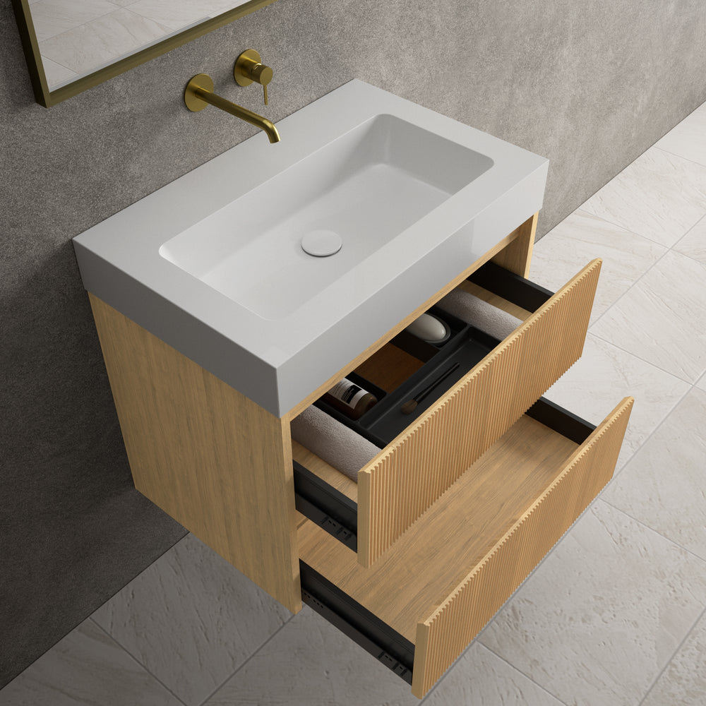 Scanalato Double Drawer Vanity Unit  With Beyondstone BLOC Basin - Oak 700mm