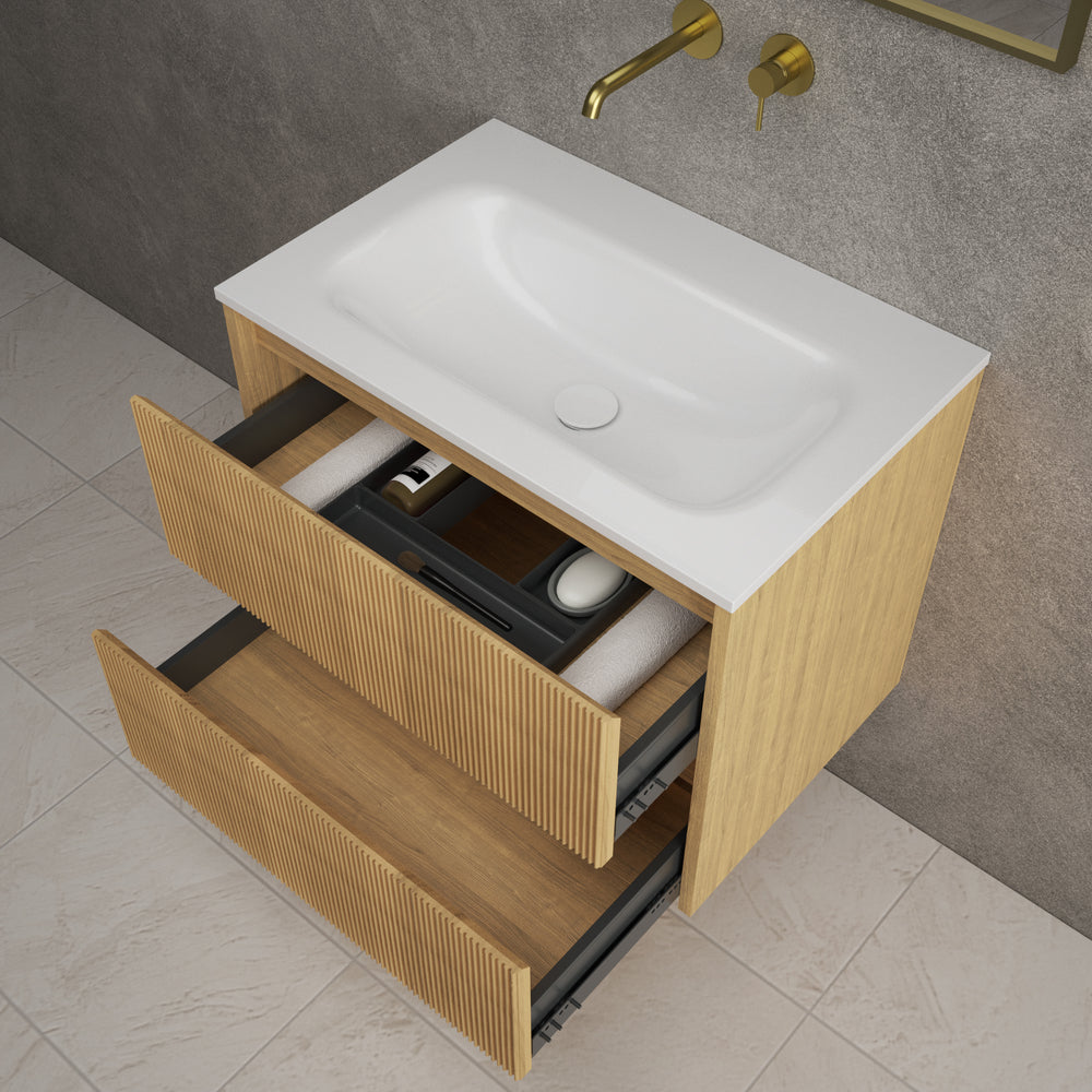 Scanalato Double Drawer Vanity Unit  With Beyondstone Basin - Oak 700mm