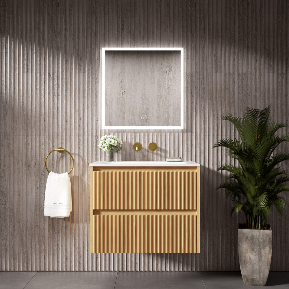 Scanalato Double Drawer Vanity Unit  With Beyondstone Basin - Oak 700mm