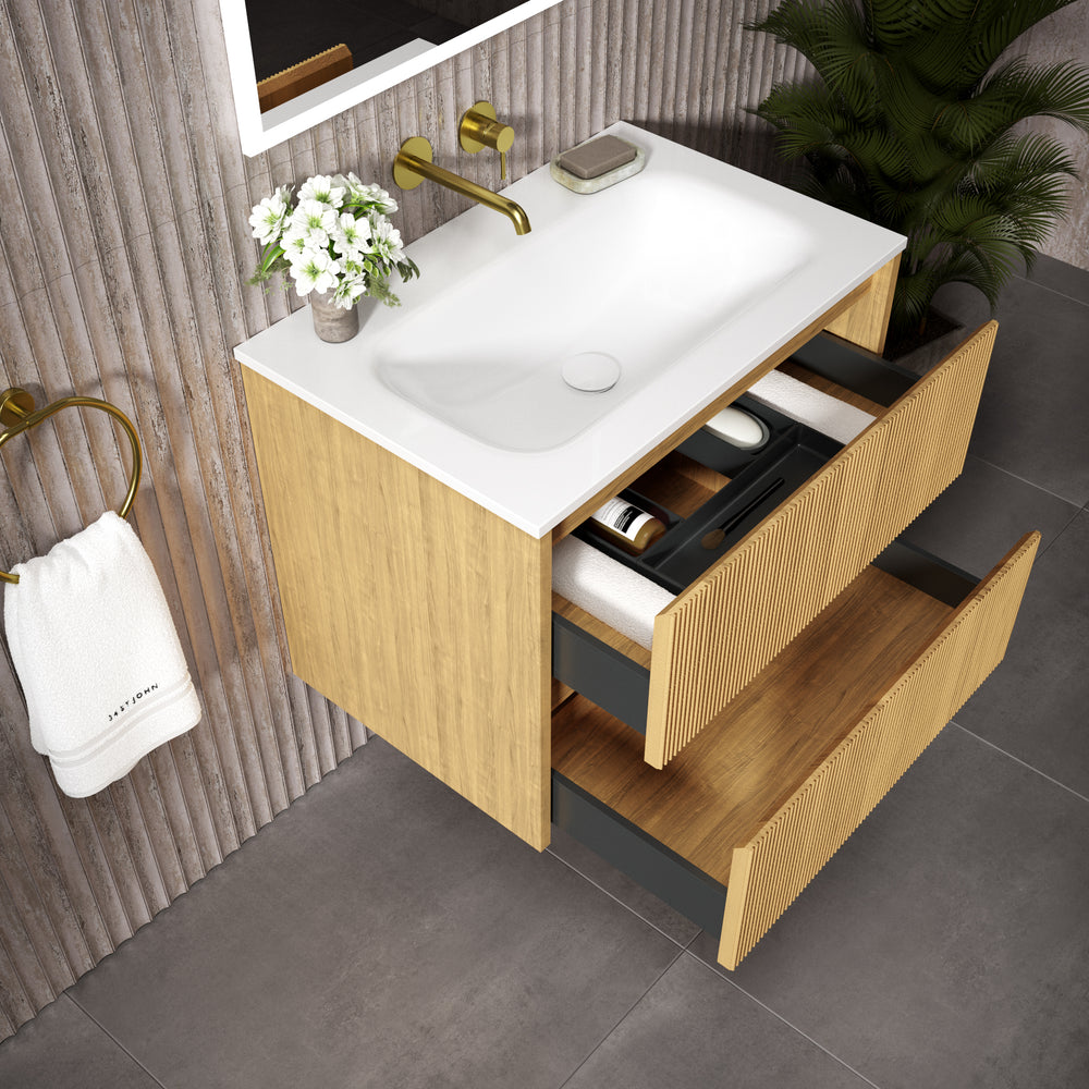 Scanalato Double Drawer Vanity Unit  With Beyondstone Basin - Oak 700mm
