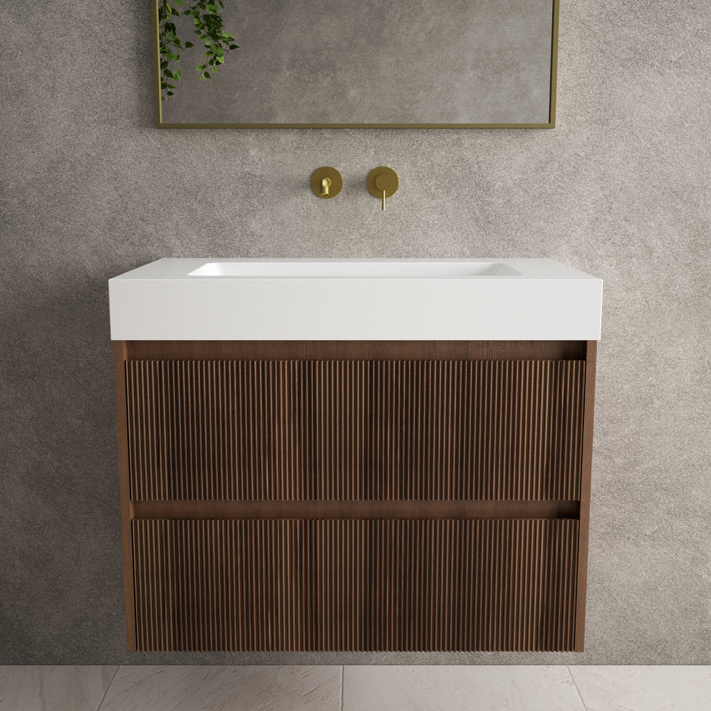Scanalato Double Drawer Vanity Unit Bloc Basin Walnut 800mm 34 St