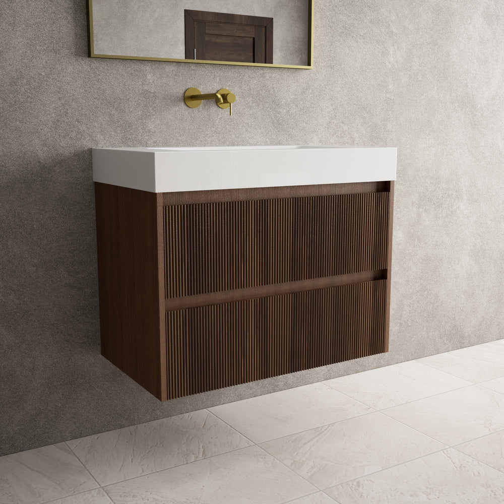 Scanalato Double Drawer Vanity Unit  With Beyondstone BLOC Basin - Walnut 800mm
