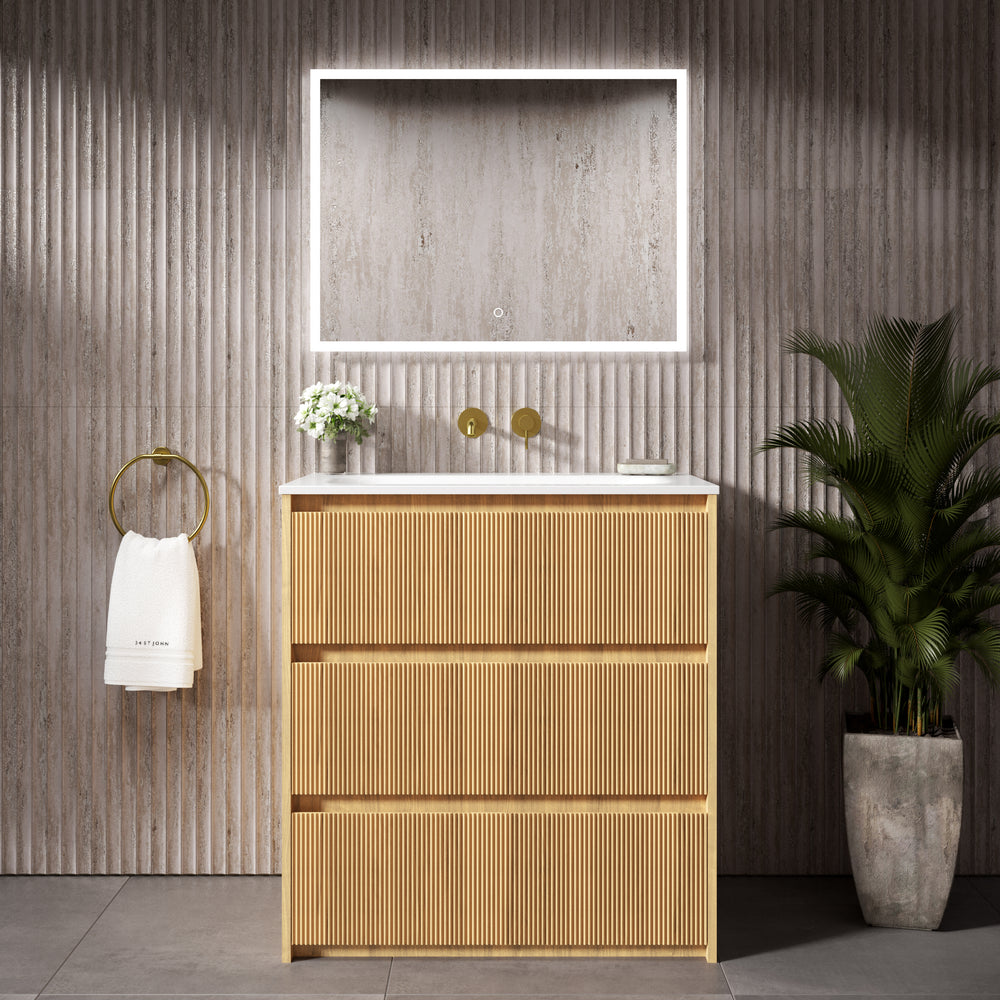 Scanalato Three Drawer Floor Standing Vanity Unit With Beyondstone Basin - Oak 800mm