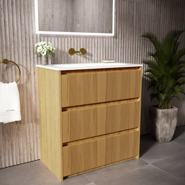 Scanalato Three Drawer Floor Standing Vanity Unit With Beyondstone Basin - Oak 800mm
