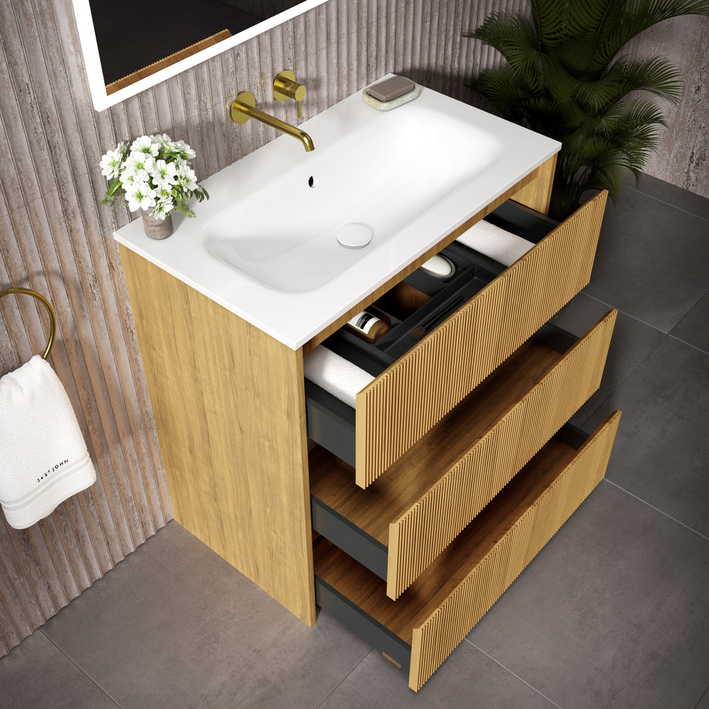 Scanalato Three Drawer Floor Standing Vanity Unit With Beyondstone Basin - Oak 800mm
