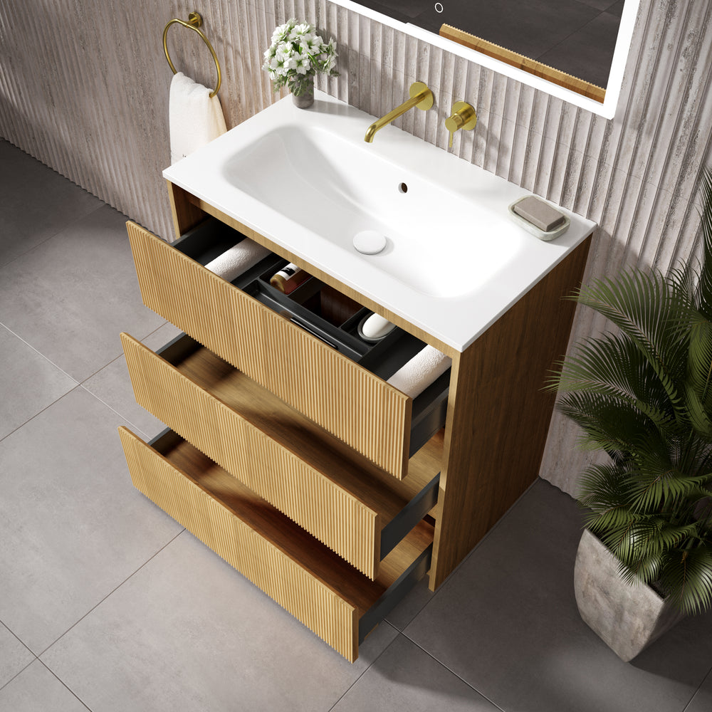 Scanalato Three Drawer Floor Standing Vanity Unit With Beyondstone Basin - Oak 800mm