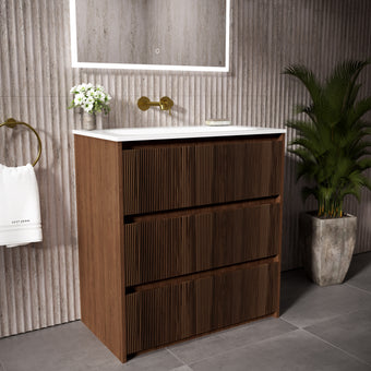 Scanalato Three Drawer Floor Standing Vanity Unit With Beyondstone Basin - Walnut 800mm