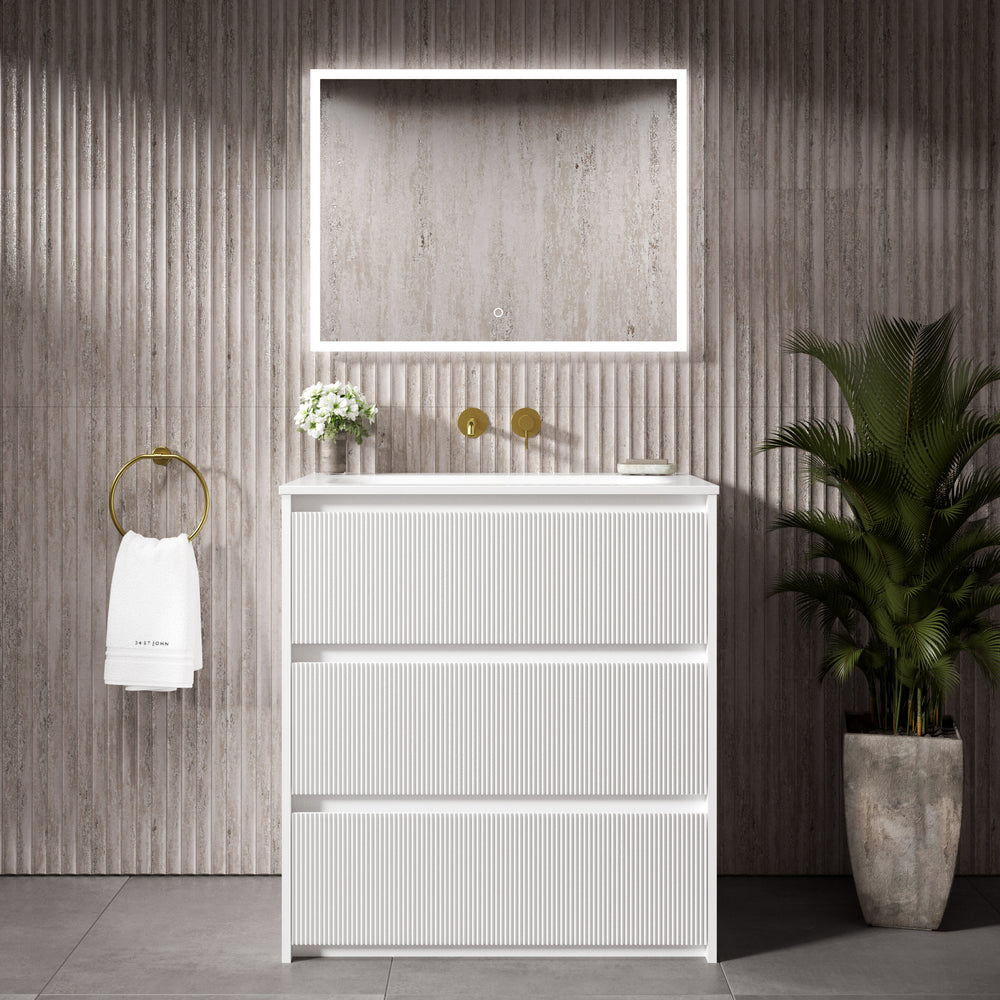 Scanalato Three Drawer Floor Standing Vanity Unit With Beyondstone Basin - Pure White 800mm