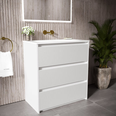 Scanalato Three Drawer Floor Standing Vanity Unit With Beyondstone Basin - Pure White 800mm