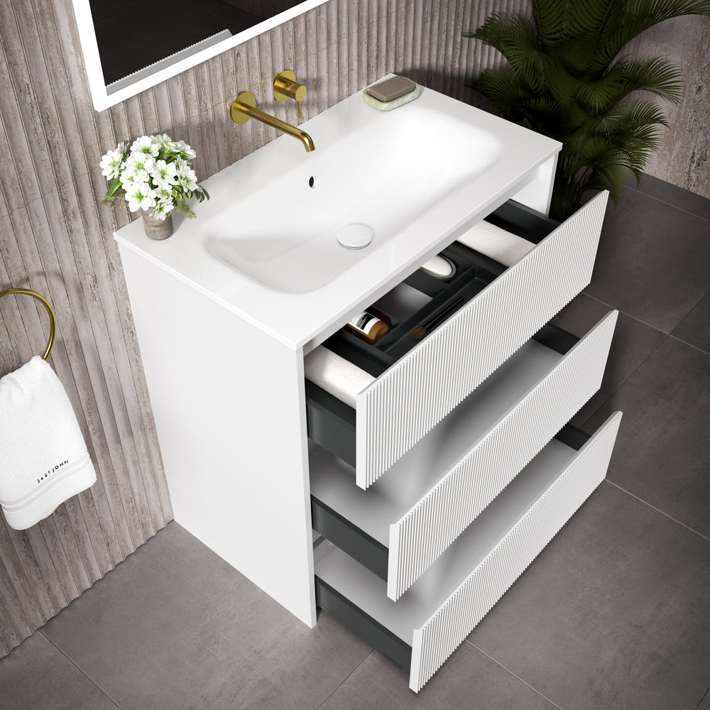 Scanalato Three Drawer Floor Standing Vanity Unit With Beyondstone Basin - Pure White 800mm
