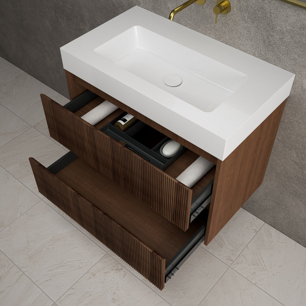 Scanalato Double Drawer Vanity Unit  With Beyondstone BLOC Basin - Walnut 800mm