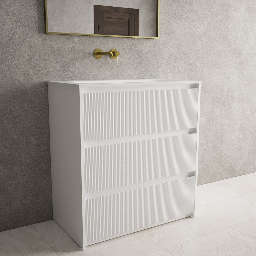 Scanalato Three Drawer Floor Standing Vanity Unit With Beyondstone Basin - Pure White 800mm