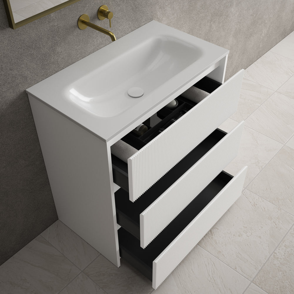 Scanalato Three Drawer Floor Standing Vanity Unit With Beyondstone Basin - Pure White 800mm