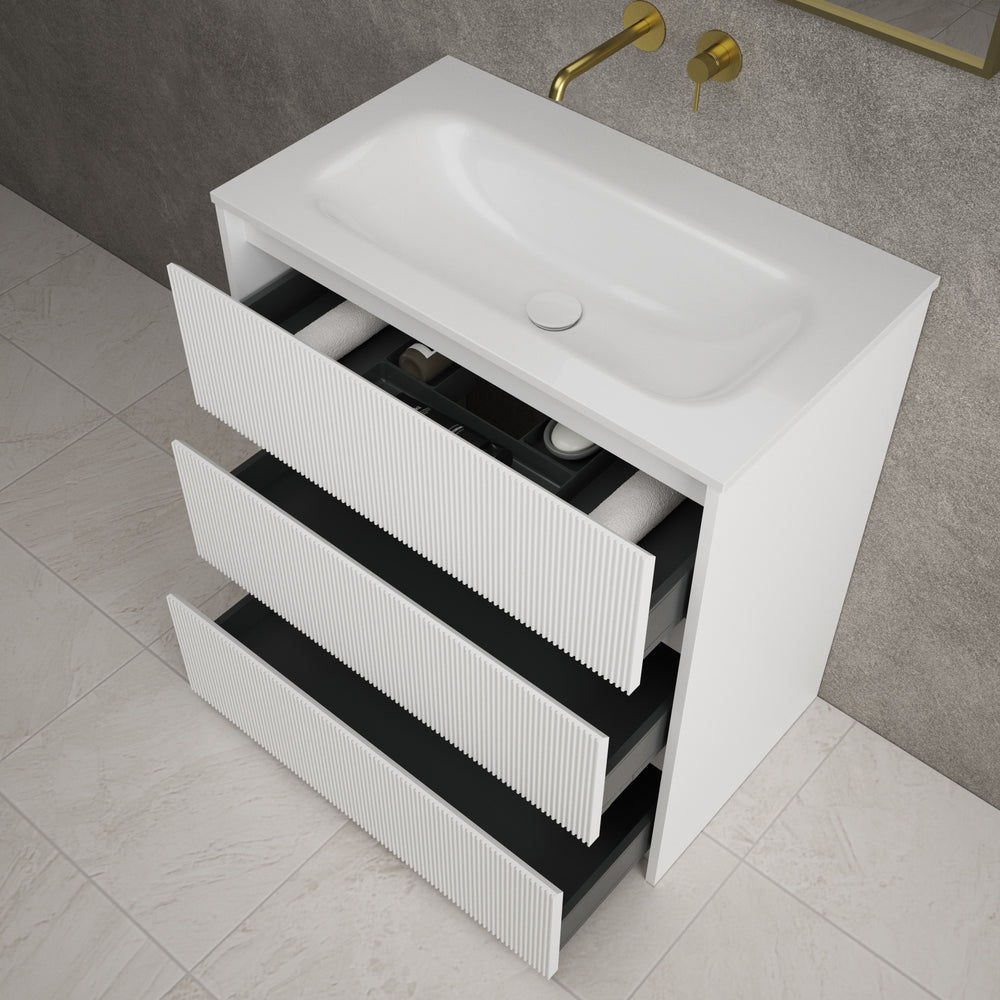 Scanalato Three Drawer Floor Standing Vanity Unit With Beyondstone Basin - Pure White 800mm