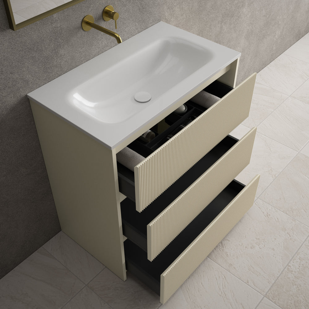 Scanalato Three Drawer Floor Standing Vanity Unit With Beyondstone Basin - Cashmere 800mm