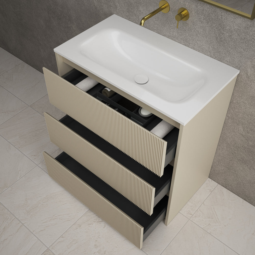 Scanalato Three Drawer Floor Standing Vanity Unit With Beyondstone Basin - Cashmere 800mm