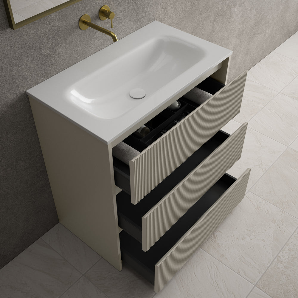 Scanalato Three Drawer Floor Standing Vanity Unit With Beyondstone Basin - Soft Taupe 800mm