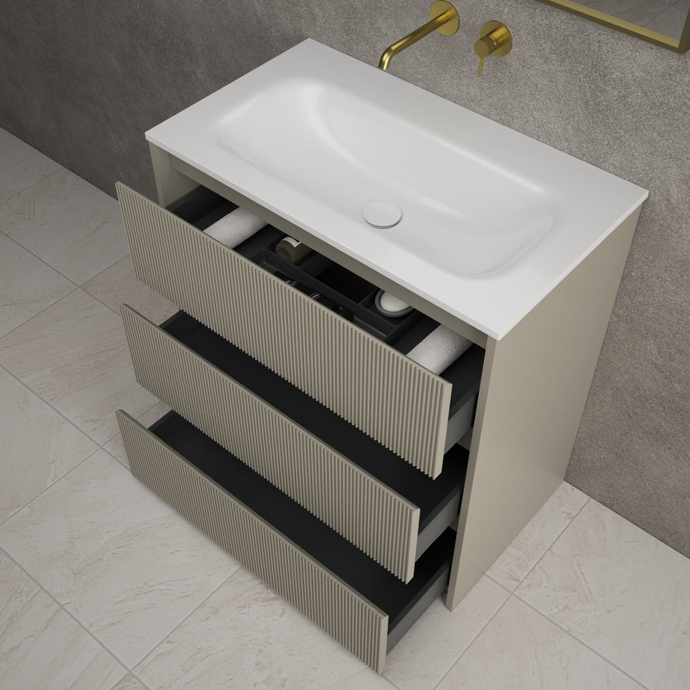 Scanalato Three Drawer Floor Standing Vanity Unit With Beyondstone Basin - Soft Taupe 800mm