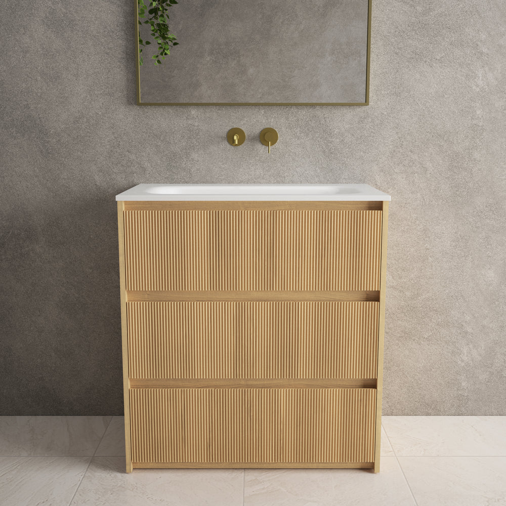 Scanalato Three Drawer Floor Standing Vanity Unit With Beyondstone Basin - Oak 800mm