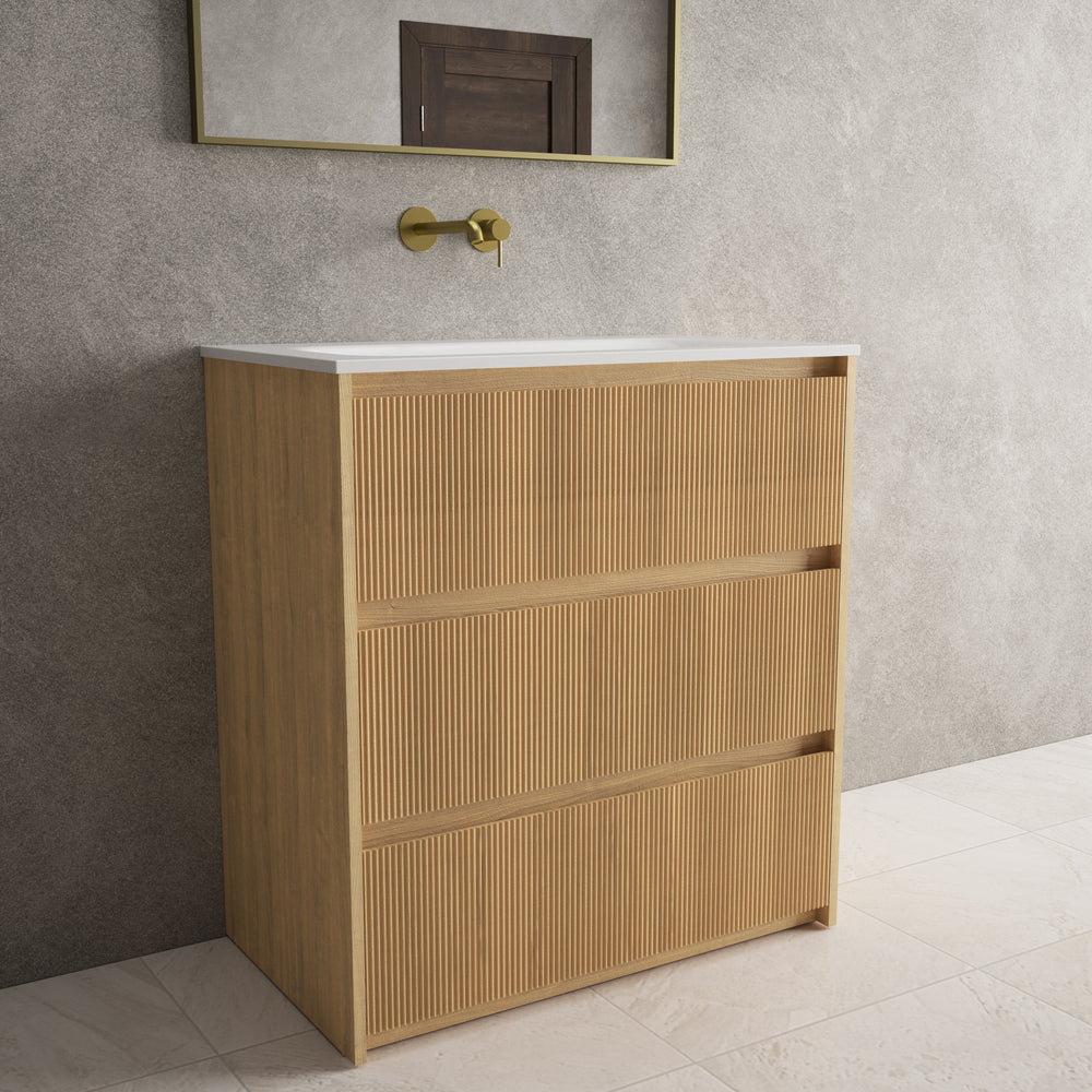 Scanalato Three Drawer Floor Standing Vanity Unit With Beyondstone Basin - Oak 800mm