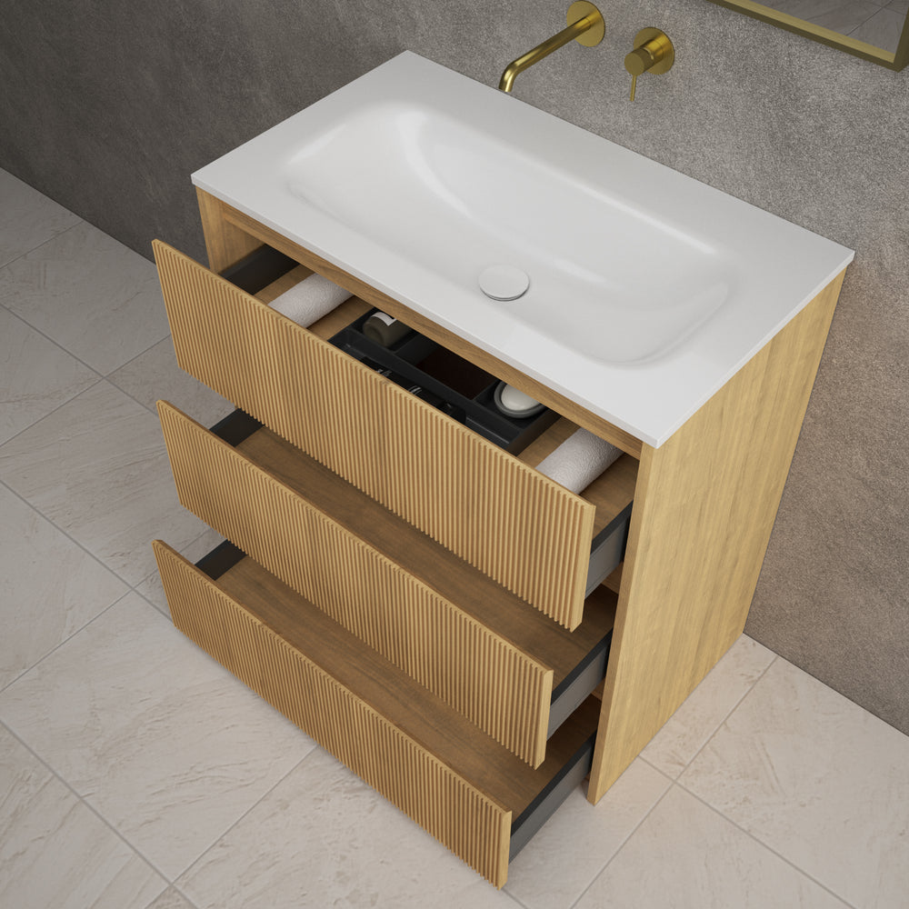 Scanalato Three Drawer Floor Standing Vanity Unit With Beyondstone Basin - Oak 800mm