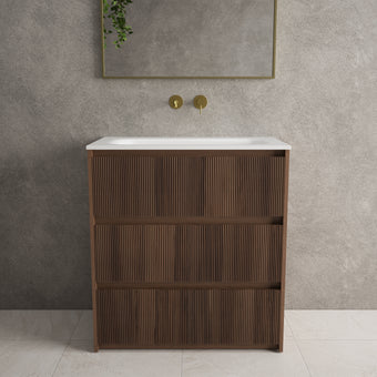 Scanalato Three Drawer Floor Standing Vanity Unit With Beyondstone Basin - Walnut 800mm