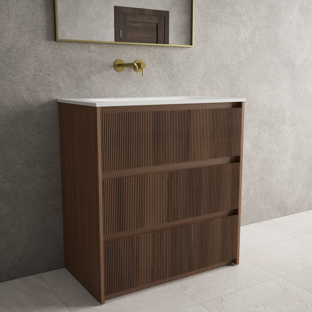 Scanalato Three Drawer Floor Standing Vanity Unit With Beyondstone Basin - Walnut 800mm