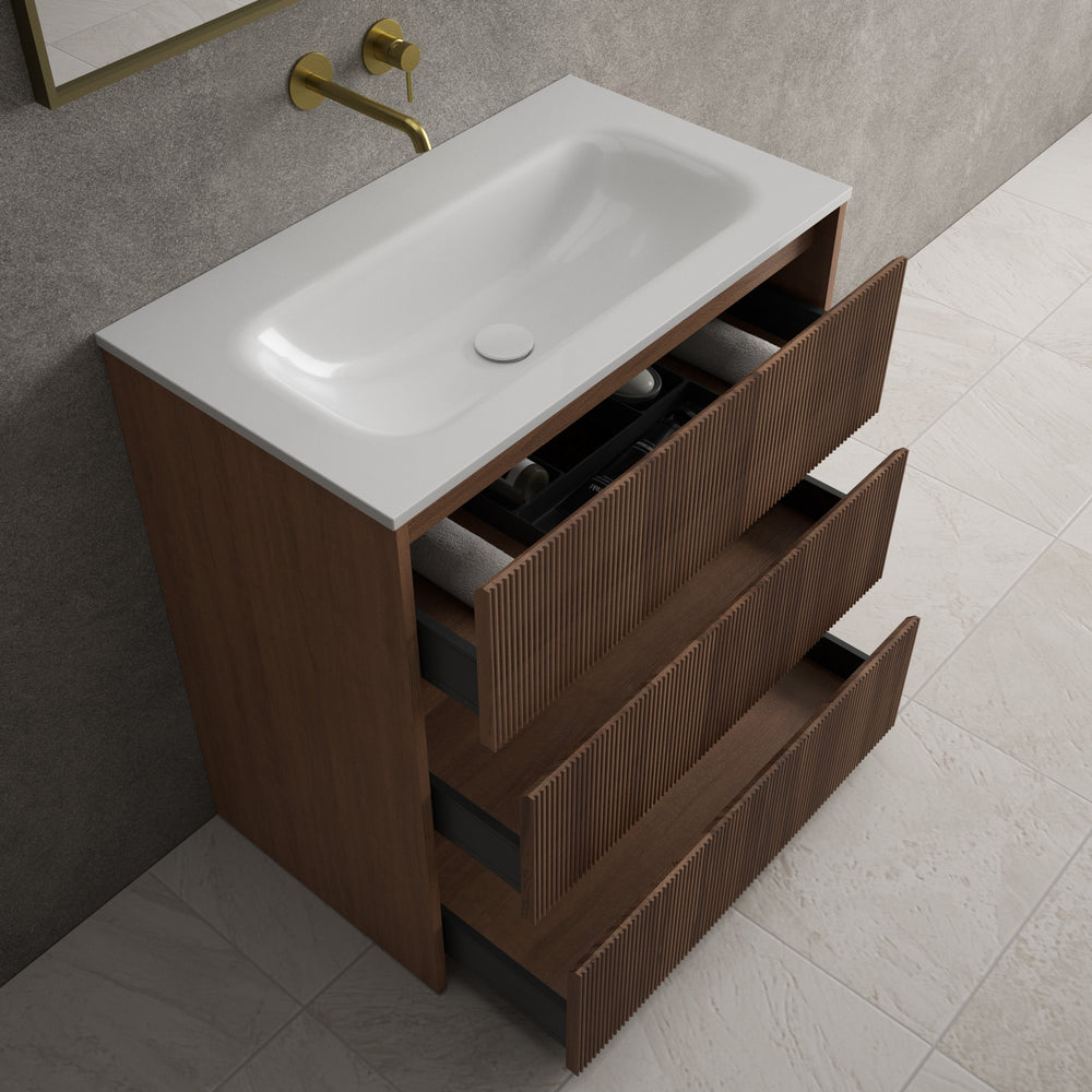 Scanalato Three Drawer Floor Standing Vanity Unit With Beyondstone Basin - Walnut 800mm