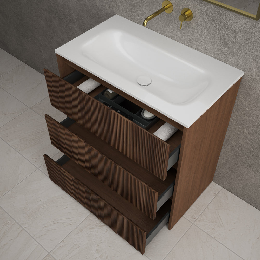 Scanalato Three Drawer Floor Standing Vanity Unit With Beyondstone Basin - Walnut 800mm