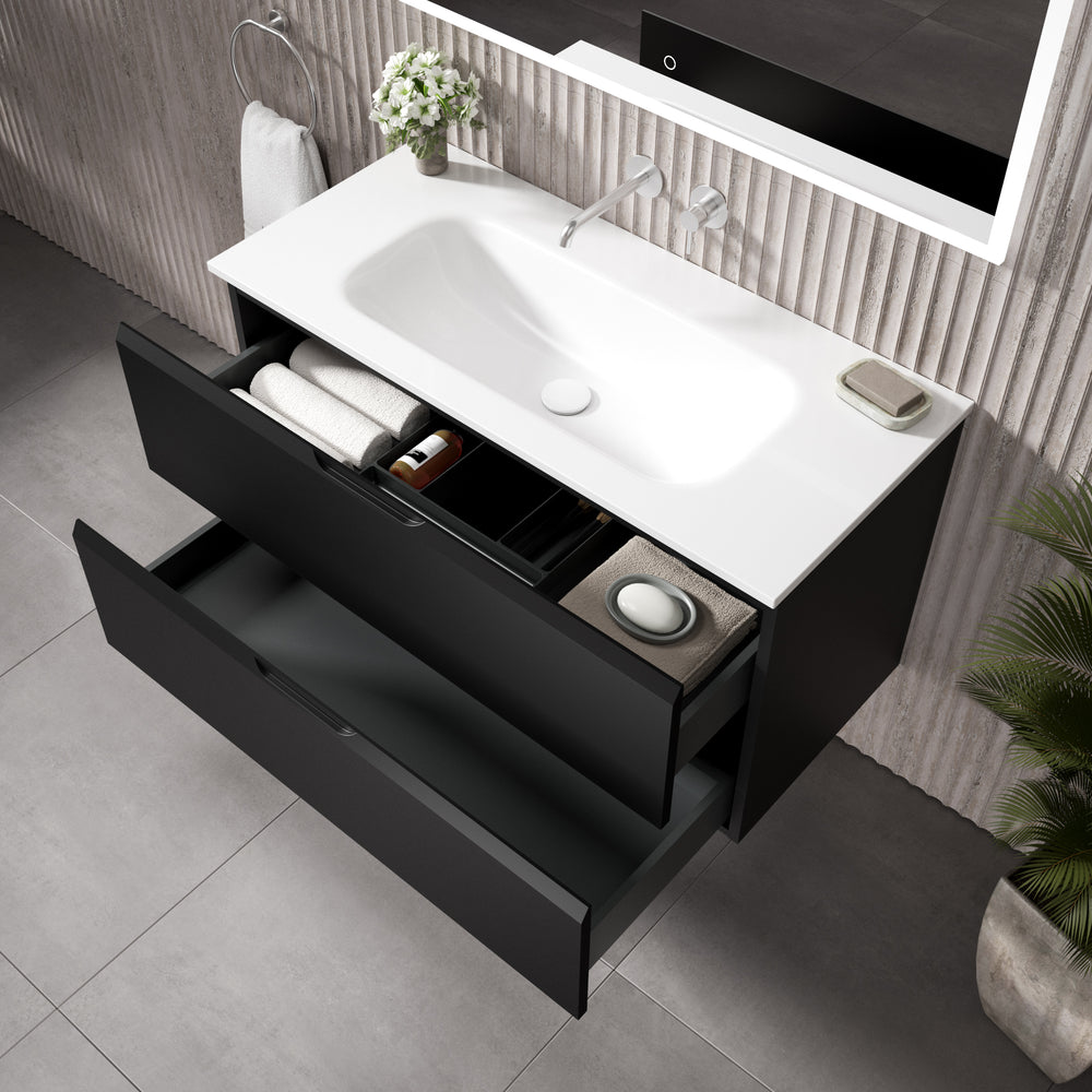 Tasca Two Drawer Vanity Unit  With Beyondstone Basin - Matt Black 1000mm