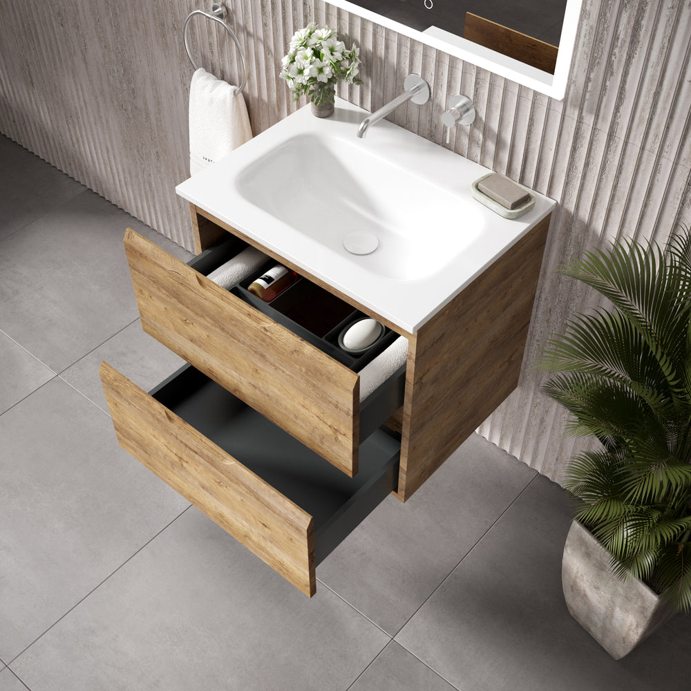 Tasca Two Drawer Vanity Unit With Beyondstone Basin - Oak 600mm