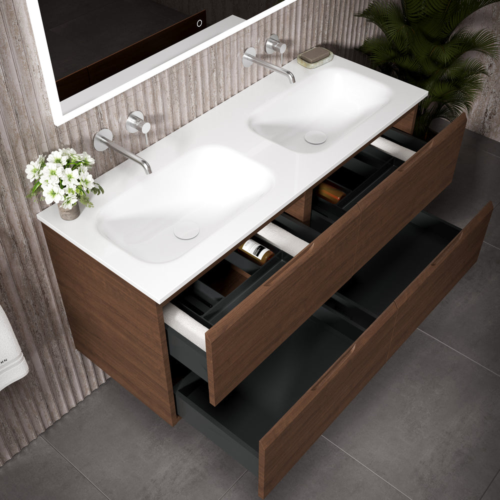 Tasca Four Drawer Vanity Unit With Beyondstone Double Basin - Walnut 1200mm