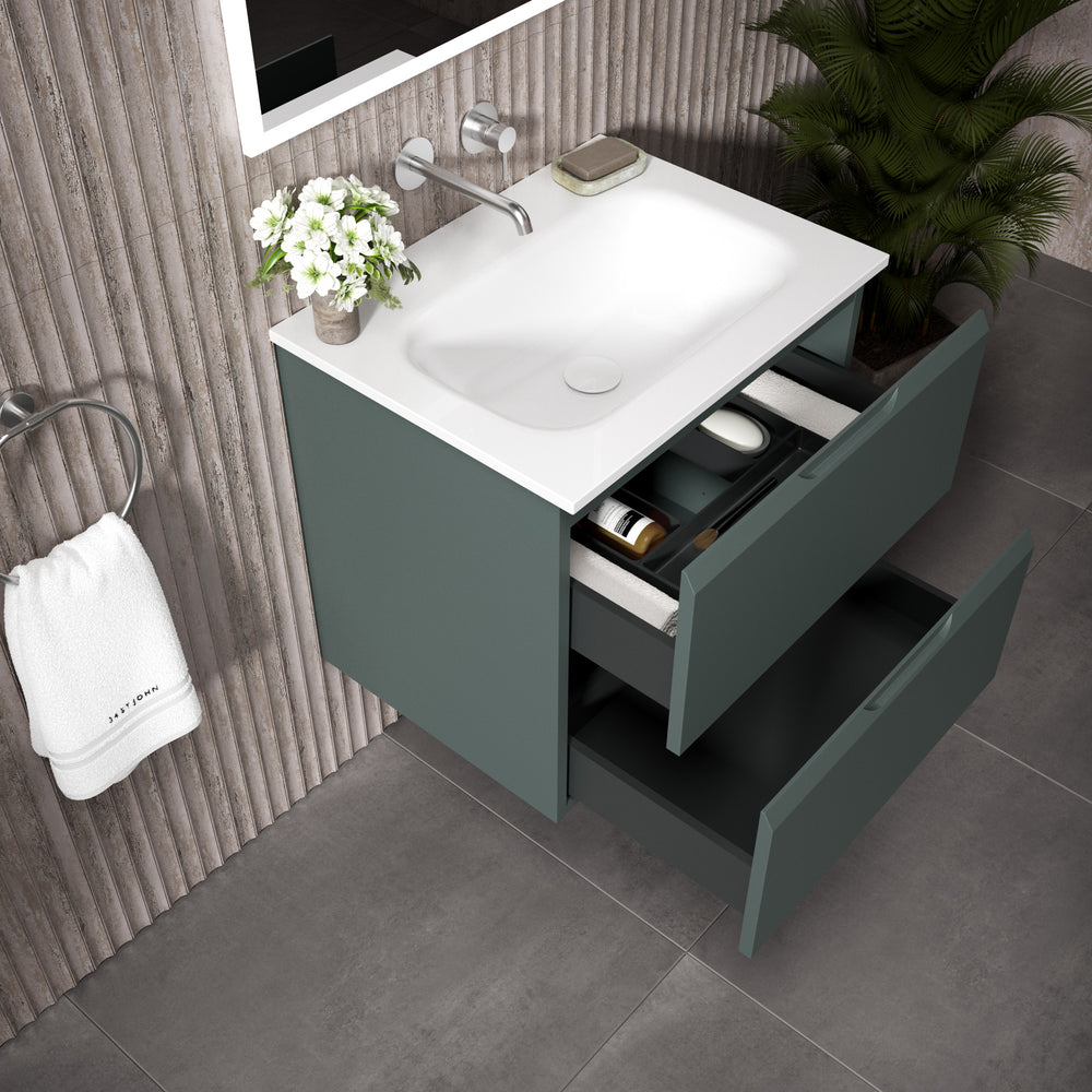 Tasca Two Drawer Vanity Unit With Beyondstone Basin - Matt Dark Green 600mm