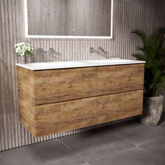 Tasca Four Drawer Vanity Unit With Beyondstone Double Basin - Oak 1200mm