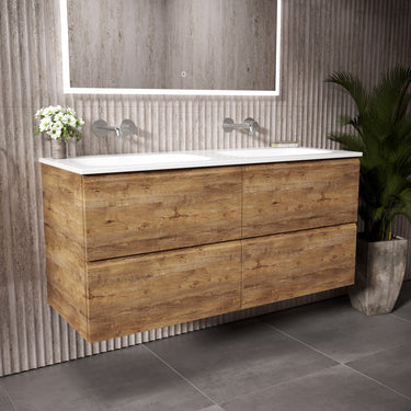 Tasca Four Drawer Vanity Unit With Beyondstone Double Basin - Oak 1200mm