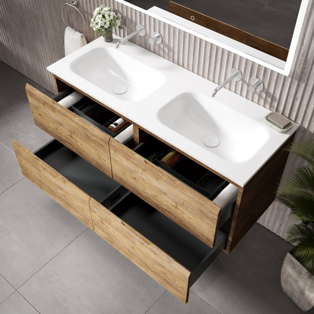 Tasca Four Drawer Vanity Unit With Beyondstone Double Basin - Oak 1200mm
